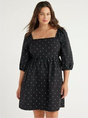 Black Square Neck Dress XL Puff Sleeve Smocked Pockets Cottage Core
